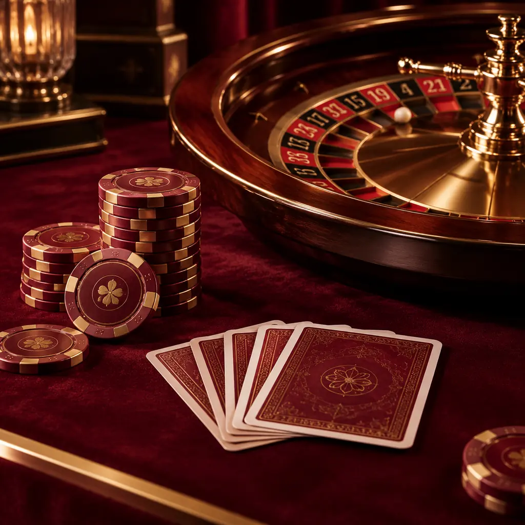 Meja kasino roulette dan kartu dengan pencahayaan burgundi
