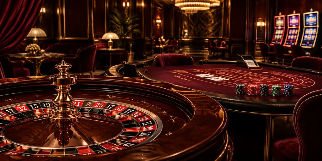 Ruang kasino dengan meja roulette, kartu, dan aksen burgundi emas