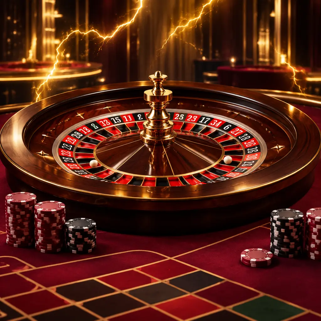Roda roulette dengan lampu emas dan meja burgundi