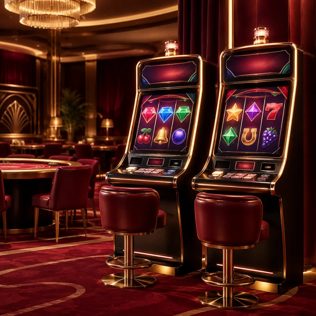 Mesin slot digital di ruang kasino burgundi