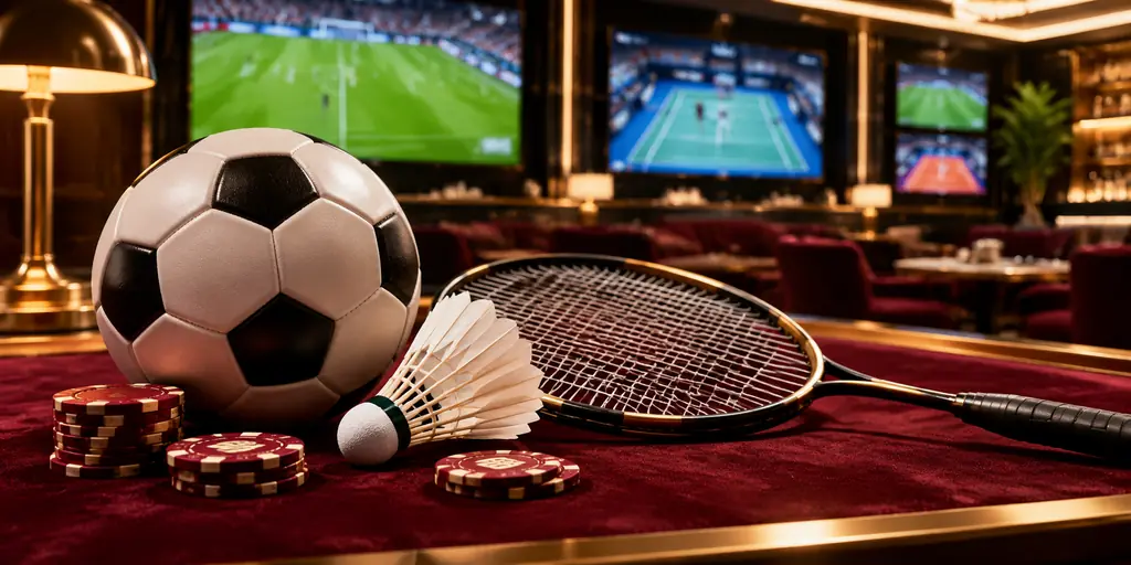 Bola sepak dan raket bulu tangkis di depan layar lounge kasino