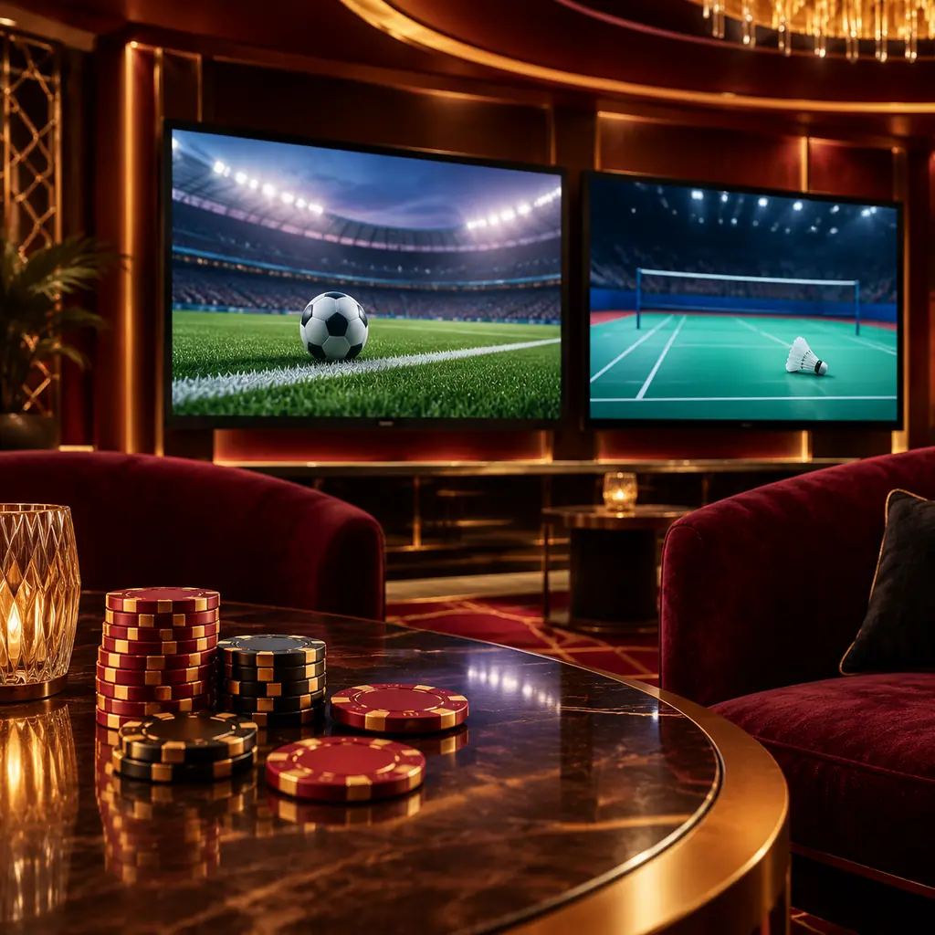 Layar pertandingan sepak bola dan bulu tangkis dalam lounge kasino